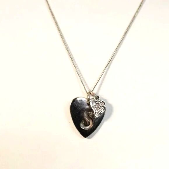 Double Heart Pendant Necklace "S" Initial Rhinestone Silver Tone - Picture 4 of 6